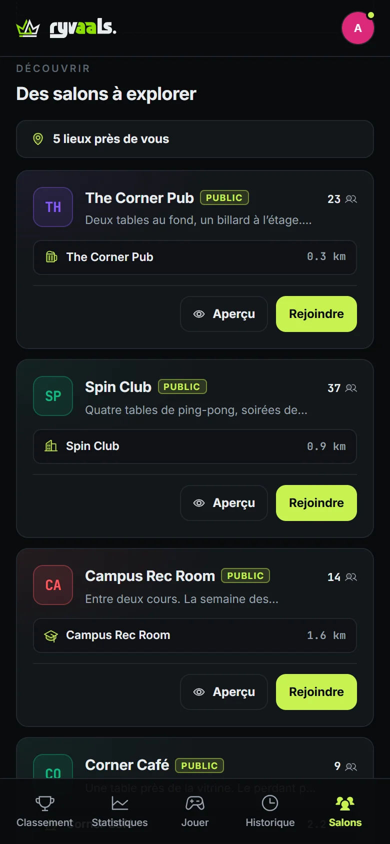 Écran de l’application : la page Découvrir filtrée « Près de moi », avec cinq lieux à proximité, un bar à 300 m, un club à 900 m, et le bouton pour rejoindre chacun.