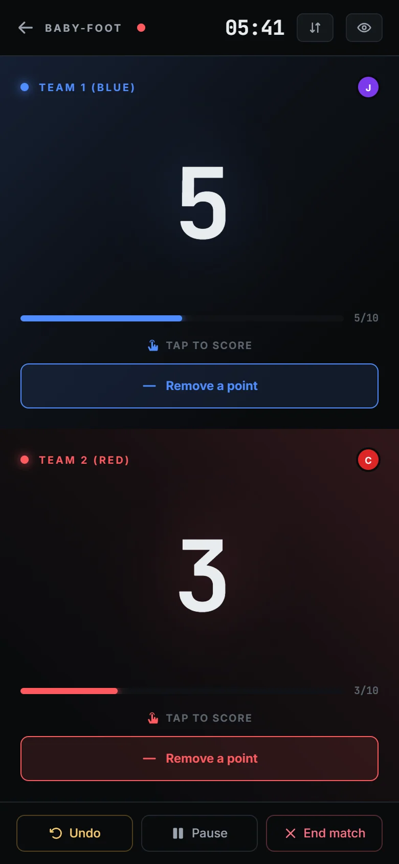 The app during a one-on-one table football match: 5 to 3 out of 10 goals, with the match clock and a button per team to score.